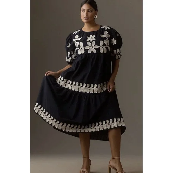 Anthropologie Embroidered Puff Sleeve Dress Floral Cotton Black Ivory XL Worn 1X - Picture 1 of 11
